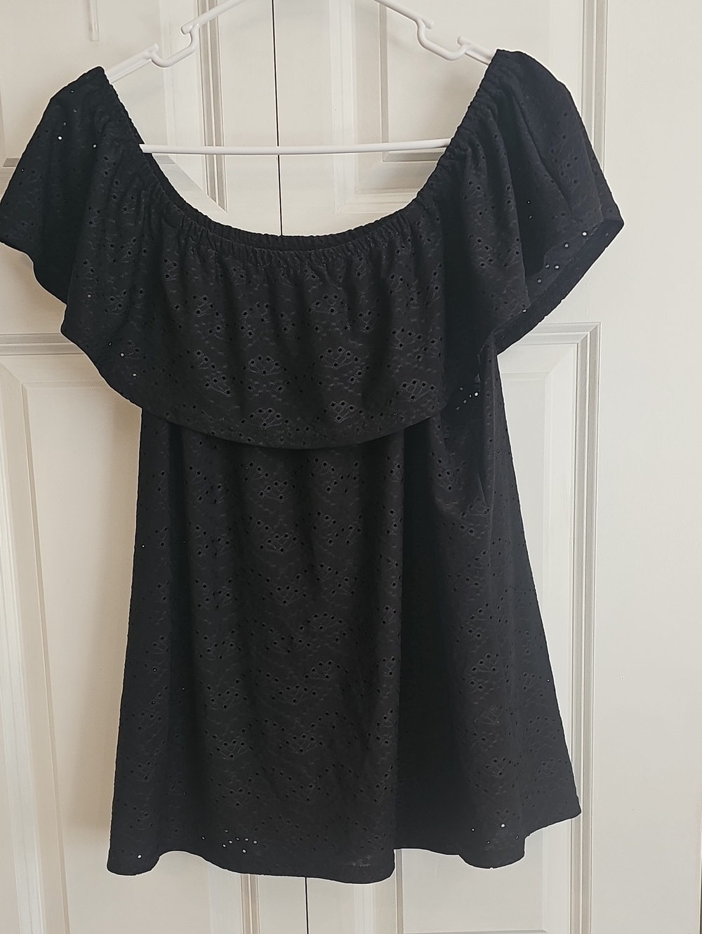 Black Off-Shoulder Eyelet Tunic Top - Women's